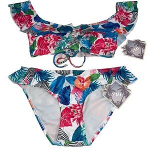 YMI Multicolor Floral‎ Off-Shoulder Bikini - Size Small